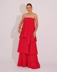 Vestido de Festa Longo Tomara que Caia em Camadas Vermelho