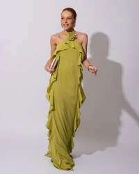 Vestido de Festa Longo Crepe Chiffon Frente Única Babados Cascata e Flor Verde Pistache