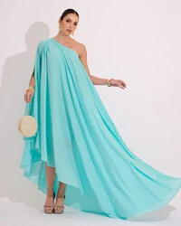 Vestido de Festa um Ombro com Capa Crepe Fluido Tiffany