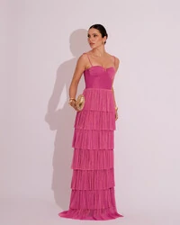 Vestido Longo de Festa Longo Tule Glitter com Camadas Pink