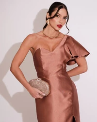 Vestido de Festa Longo um Ombro Tomara que Caia Zibeline Mocha Mousse