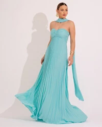 Vestido de Festa Longo Tomara que Caia Plissado com Lenço Verde Tiffany