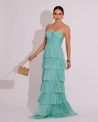 Vestido de Festa Longo Tule Glitter com Camadas Tiffany