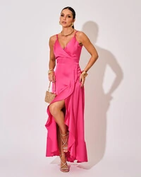 Vestido Midi Babado Acetinado Pink
