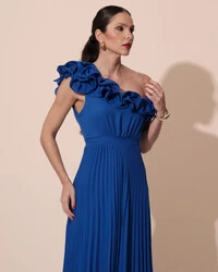 Vestido de Festa um Ombro Só Flor Saia Plissado Azul Royal