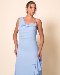Vestido de Festa Longo Crepe Chiffon Degagê com Fenda e Babado Cascata Serenity