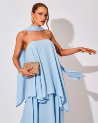 Vestido de Festa Longo Chiffon Crepe em Camadas com Lenço Serenity