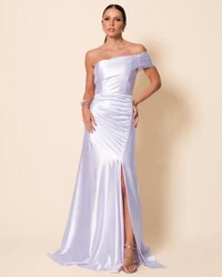 Vestido de Festa Longo Cetim Malha Metálico Ombro a Ombro Branco