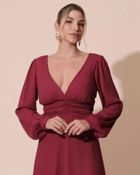 Vestido de Festa Manga Longa com Cintura Drapeada Decote V Cereja