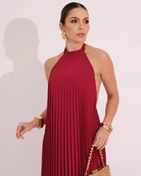 Vestidos de Festa Longo Chiffon Fluido Frente Única Plissado Duplo Cereja