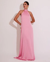 Vestido de Festa Gola Alta com Decote nas Costas Acetinado Rosa