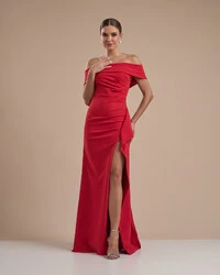 Vestido de Festa Longo Ombro a Ombro com Fenda em Alfaiataria Vermelho