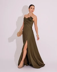 Vestido de Festa Longo Alfaiataria Tomara que Caia com Fenda Detalhe Verde Oliva