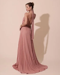 Vestidos de Festa Longo Chiffon Fluido Frente Única Plissado Duplo Rose