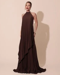 Vestidos de Festa Longo Chiffon Fluido Frente Única Plissado Duplo Marrom