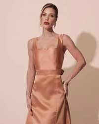 Vestido de Festa Longo Zibeline com Fenda e Faixa Mocha Mousse New