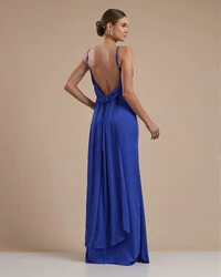 Vestido de Festa Longo Crepe Chiffon Costas Lenço Cauda Azul Royal