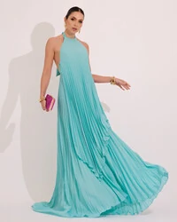 Vestidos de Festa Longo Chiffon Fluido Frente Única Plissado Duplo Tiffany