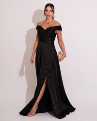 Vestido de Festa Longo Zibeline Ombro a Ombro com Fenda Preto