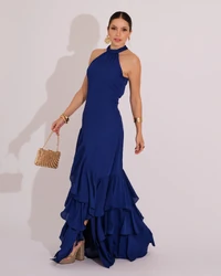 Vestido de Festa Longo Decote Halter com Babados Azul Marinho