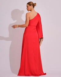 Vestido Longo de Cetim Fluido uma Manga e Detalhe Torcido Laranja