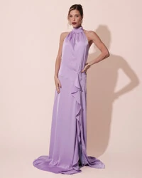 Vestido Longo de Festa Cetim Fluido Gola Alta e Babado Cascata Lilás