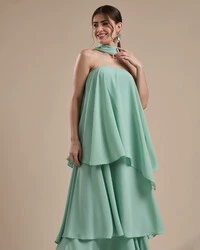 Vestido de Festa Longo Chiffon Crepe em Camadas com Lenço Verde Menta