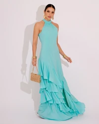Vestido de Festa Longo Decote Halter com Babados Tiffany