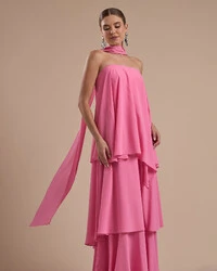 Vestido de Festa Longo Chiffon Crepe em Camadas com Lenço Rosa