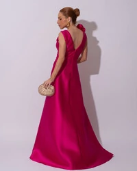 Vestido de Festa longo Zibeline Decote em V com Flores Removivel Pink