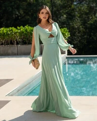 Vestido de Festa Longo com Mangas Longas Cintura Drapeada Verde Menta