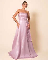 Vestido de Festa Longo Cetim Cristal Tomara que Caia Detalhe Rosa