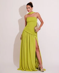 Vestido de Festa Longo Tomara que Caia Alfaiataria e Saia Crepe Chiffon e Lenço Verde Pistache