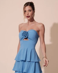 Vestido Longo Crepe Chiffon Tomara que Caia Plissado em Camadas Azul Atlantis