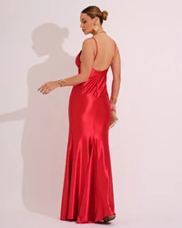 Vestido de Festa Longo Malha Cetim Busto Drapeado Saia Sereia Vermelho