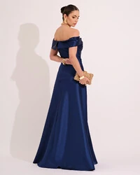 Vestido de Festa Longo Ombro a Ombro Laço Zibeline com Fenda Azul Marinho