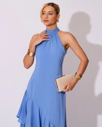 Vestido de Festa Longo Chiffon Crepe Gola Alta Babados Serenity