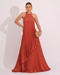 Vestidos de Festa Longo Chiffon Fluido Frente Única Plissado Duplo Terracota