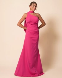 Vestido de Festa Longo Alafataria Um Ombro Só Detalhe Drapeado Pink New