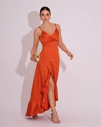 Vestido Midi Babado Acetinado Terracota