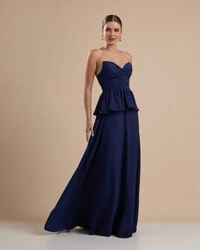 Vestido de Festa Longo Crepe Chiffon Tomara que Caia Peplum Drapeado Azul Marinho