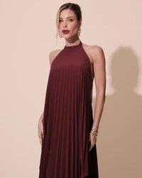 Vestidos de Festa Longo Chiffon Fluido Frente Única Plissado Duplo Marsala