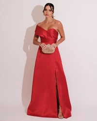 Vestido de Festa longo Faixa Ombro e Fenda Zibeline Vermelho