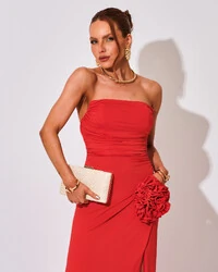 Vestido Longo Tomara que Caia Malha Fenda Vermelho