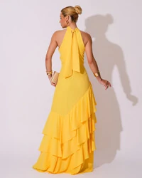 Vestido de Festa Longo Chiffon Crepe Gola Alta Babados Amarelo