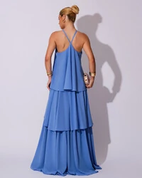 Vestido Longo Babado em Camadas Azul Atlantis