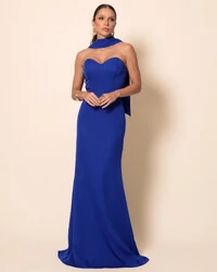 Vestido de Festa Longo Alfaiataria Tomara que Caia Saia Sereia com Lenço Azul Royal