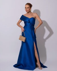 Vestido de festa Longo Zibeline Faixa Drapeada Ombro e Fenda Azul Royal