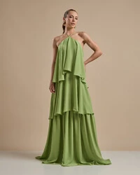 Vestido Longo Babado em Camadas Verde Garden