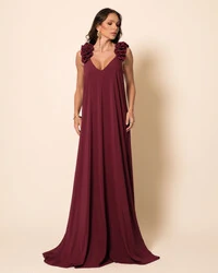 Vestido de Festa Longo Crepe Chiffon Fluido Decote em V Flores Marsala